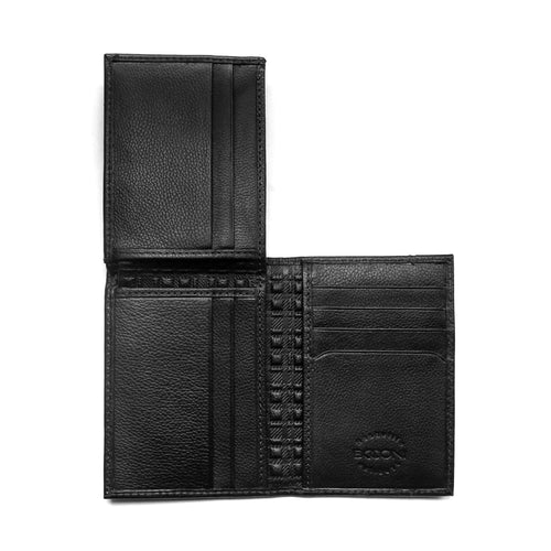 a black leather wallet on a white background