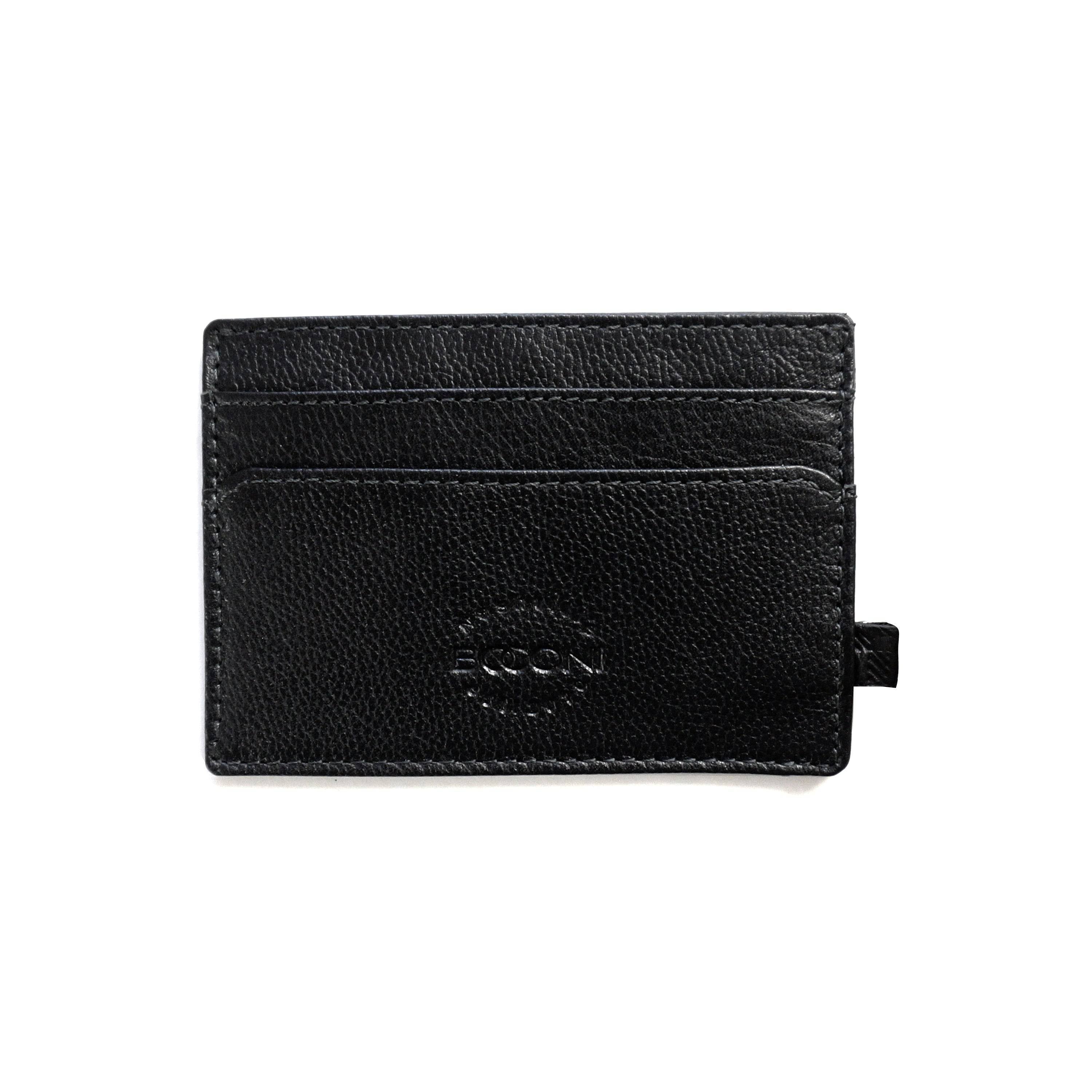 a black leather card case on a white background