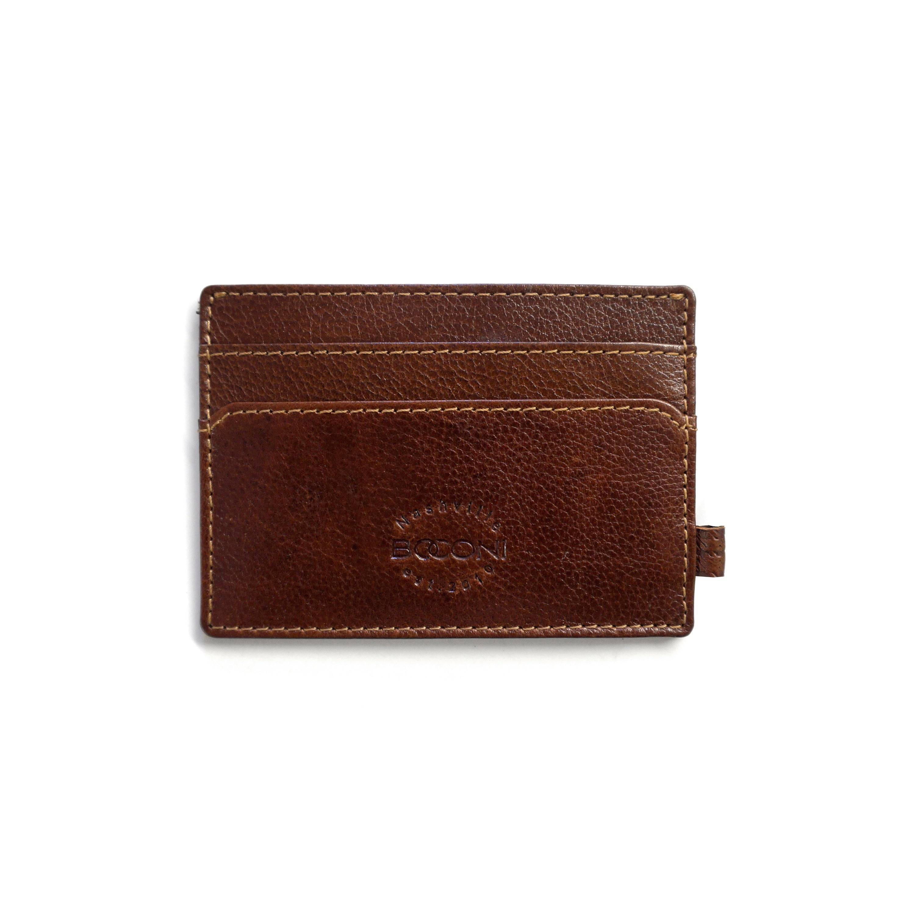 a brown leather card case on a white background