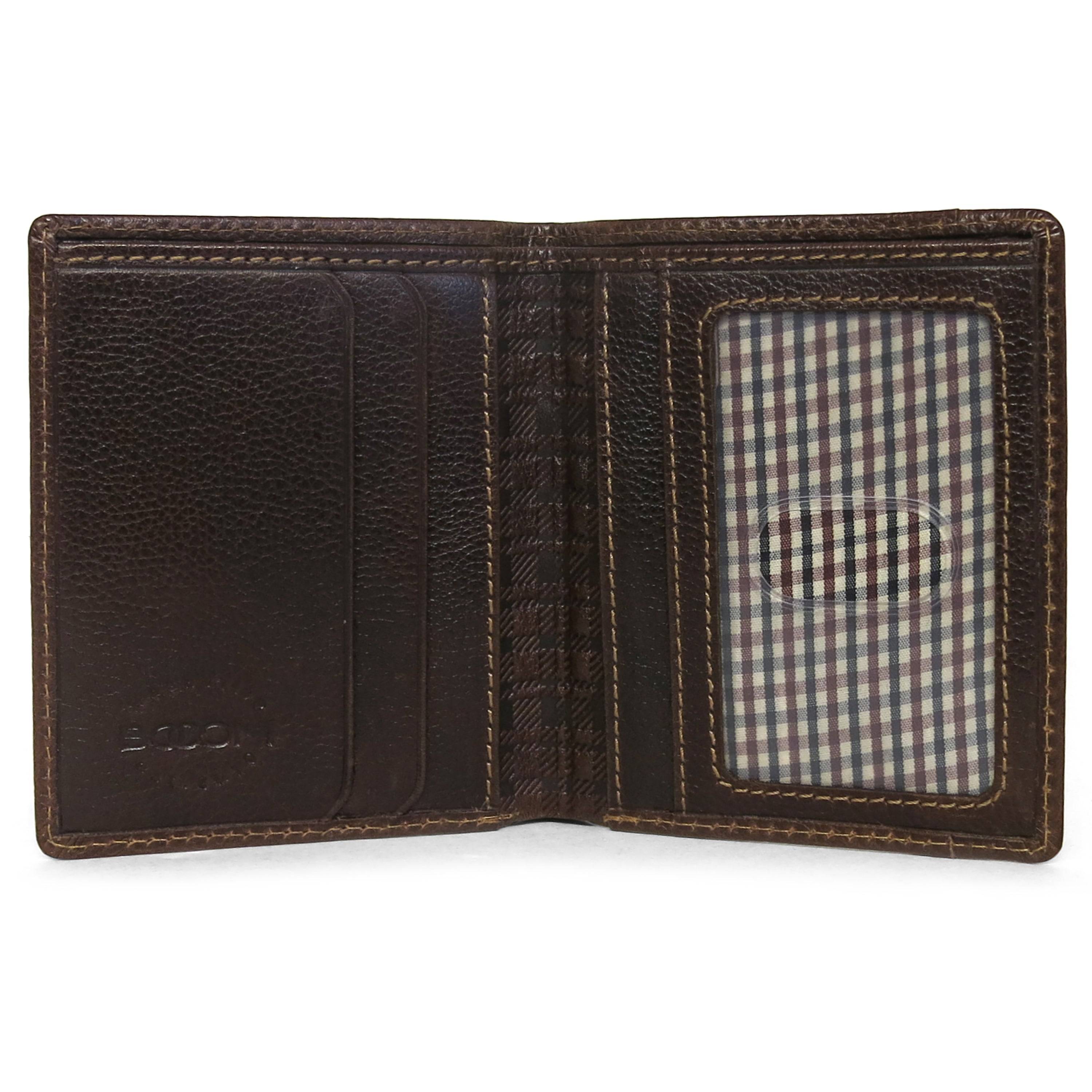 a brown leather wallet with a checkered pattern