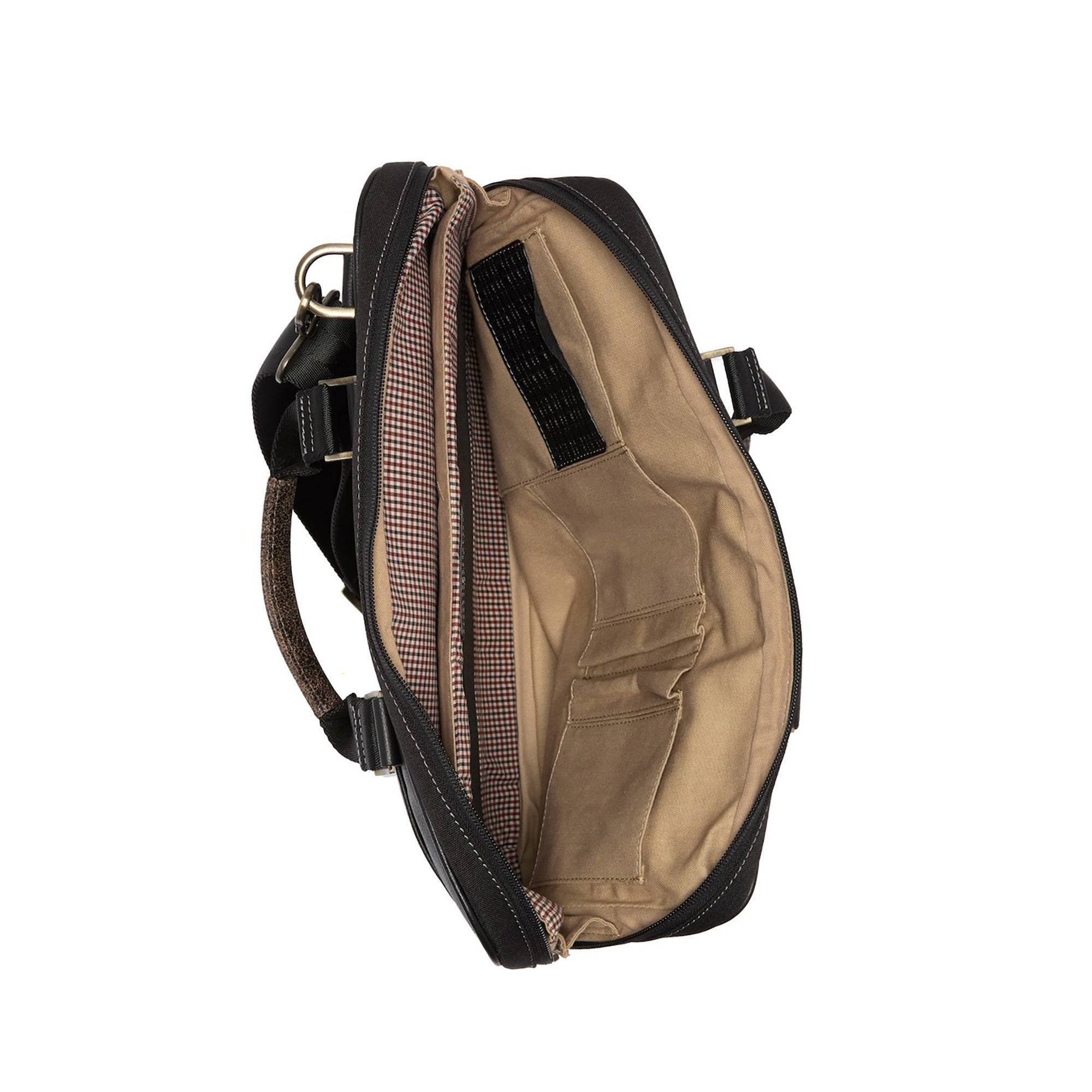 a back view of a black and tan backpack