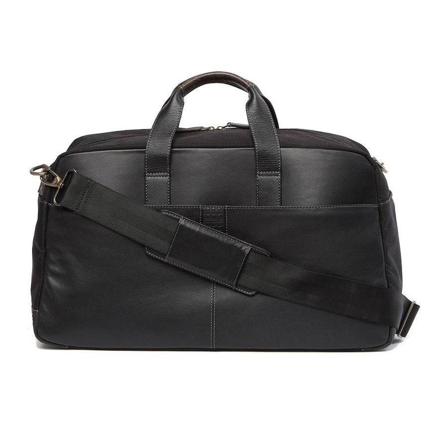 a black leather briefcase on a white background