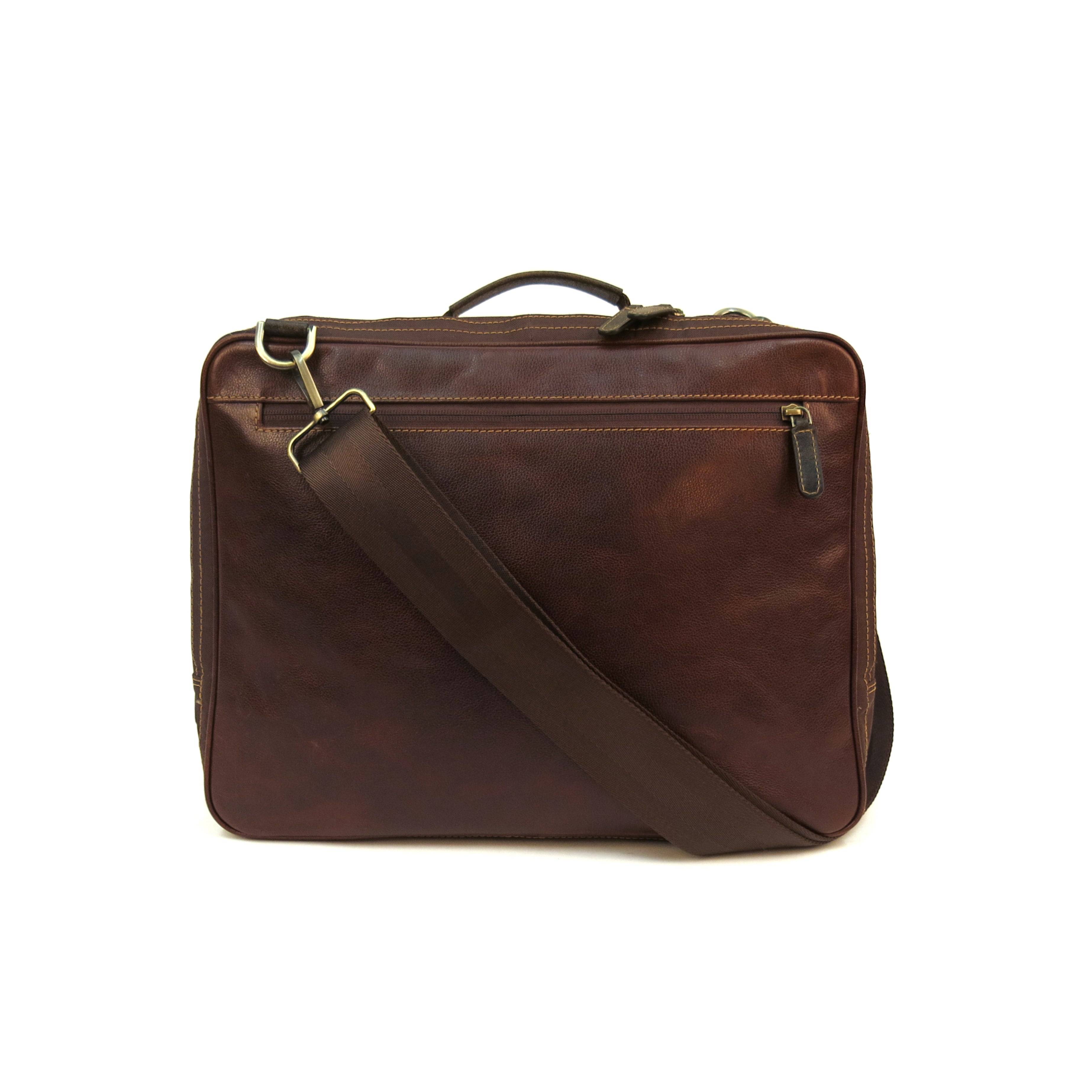 a brown leather briefcase on a white background