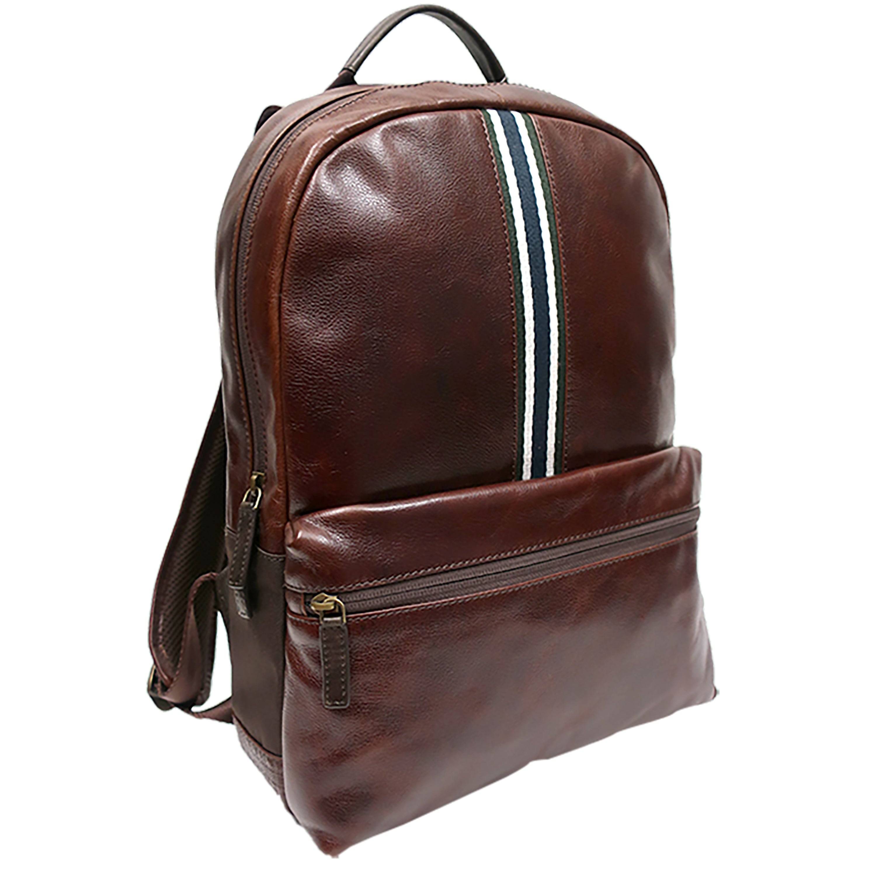 a brown leather backpack with a striped lining