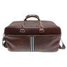 a brown leather briefcase with a striped handle