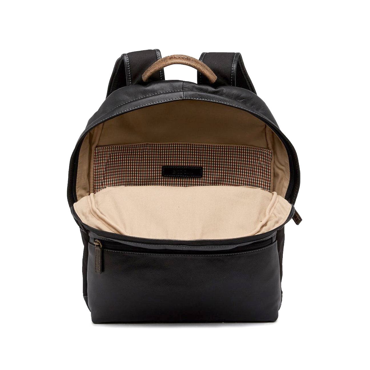 a black backpack with a tan lining