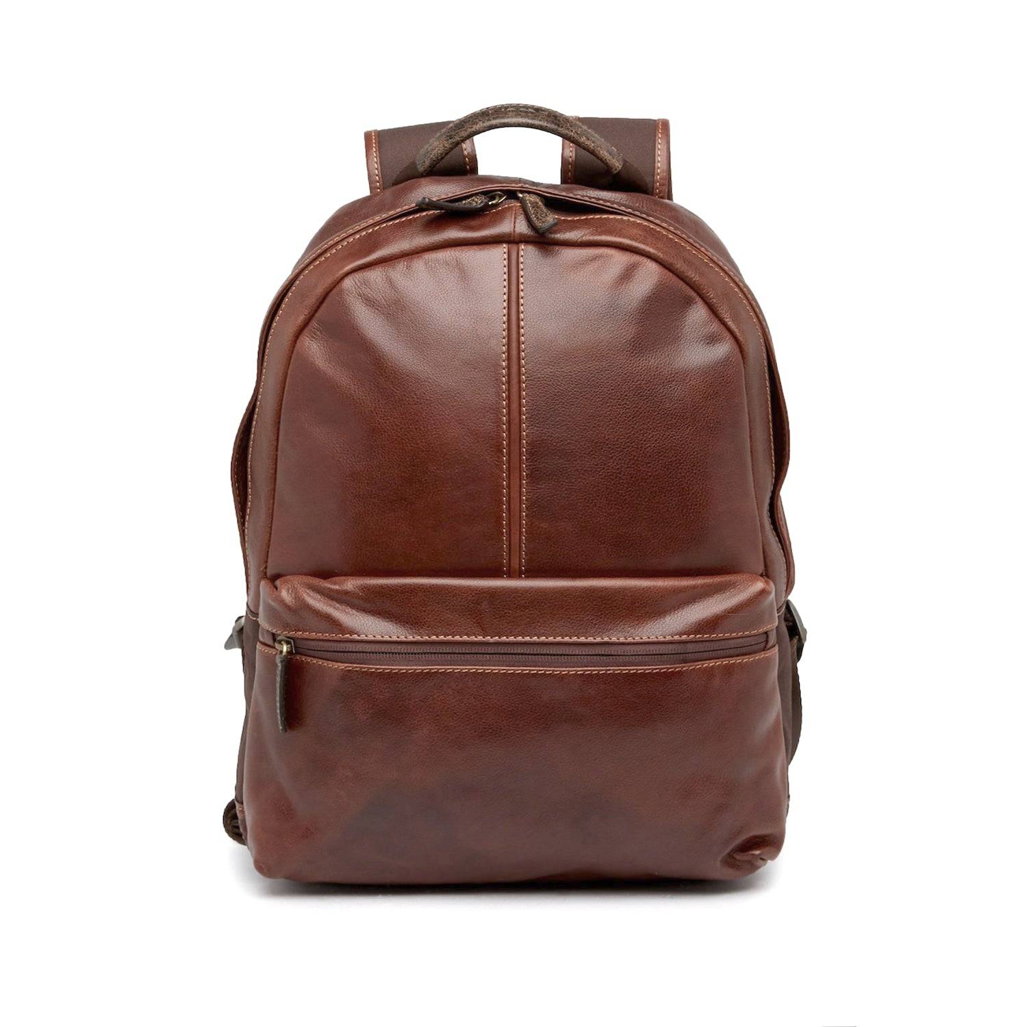 a brown leather backpack on a white background